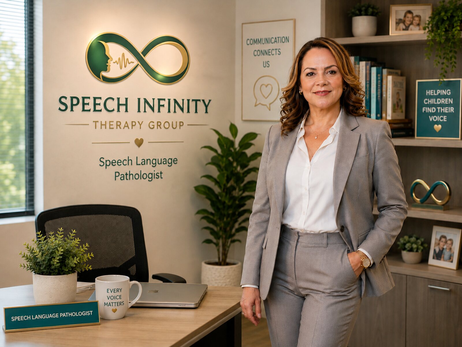 Janette Vazquez, M.S., CCC-SLP, in the Speech Infinity Therapy Group office